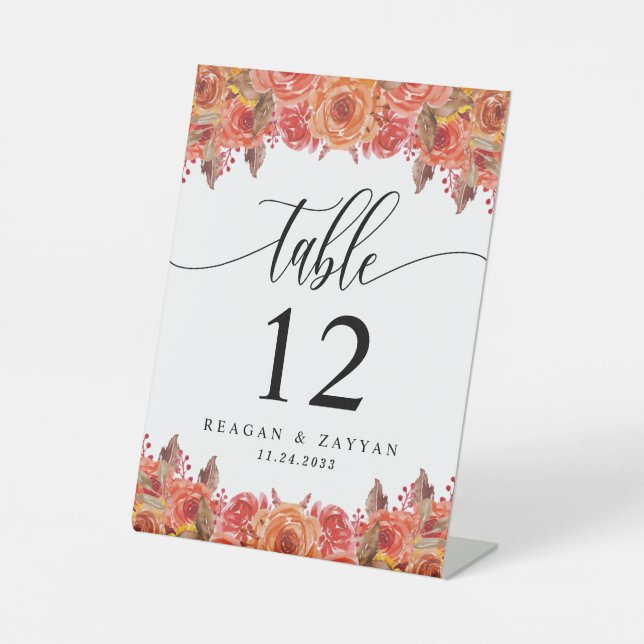 Signe De Table Numéro de table de mariage automnal floral rustiqu (Recto)