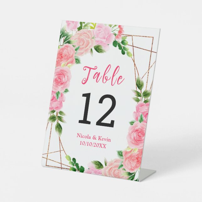 Signe De Table Numéro de table de mariage avec roses roses et feu (Recto)
