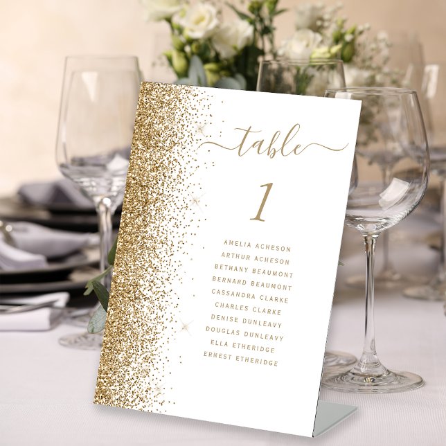 Signe De Table Numéro de table de mariage pailleté blanc et or (Créateur téléchargé)