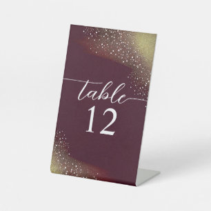 Signe De Table Numéro de table de mariage pailleté bordeaux et or