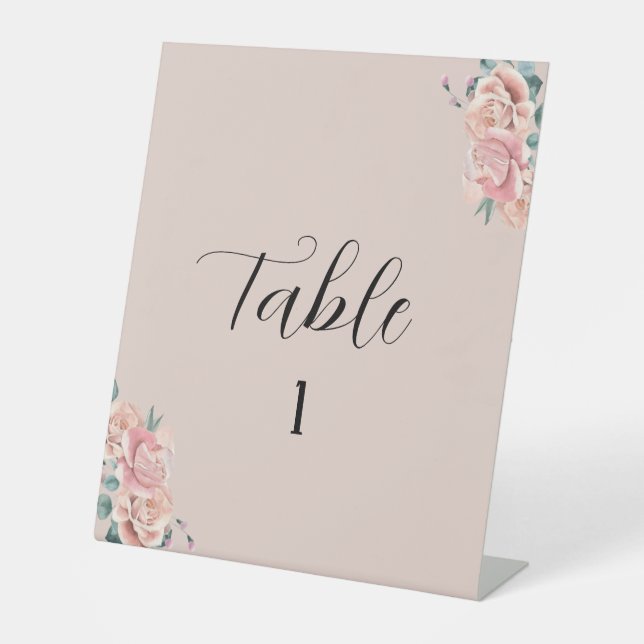 Signe De Table Numéro de table de mariage rose avec des roses (Recto)