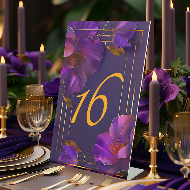 Signe De Table Numéro de table de mariage violet lumineux violet (Striking Vivid Purple Luminous Violets Table Number Pedestal Sign)