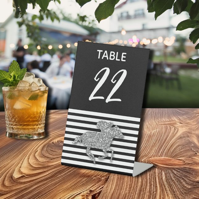 Signe De Table Numéro de table Derby Cheval de course argenté (Silver Racehorse Black White Stripes Pedestal Sign)