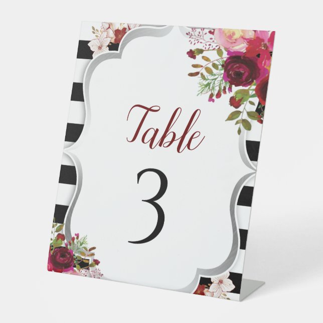 Signe De Table Numéro de table floral bordeaux noir et blanc (Recto)