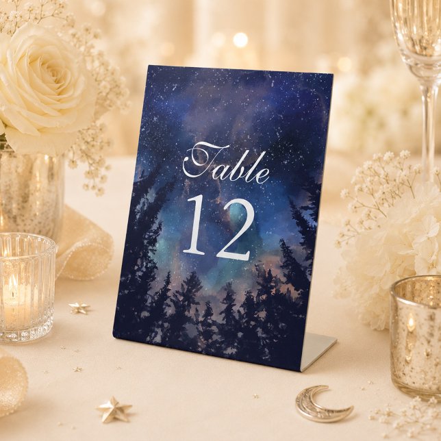 Signe De Table Numéro de Table Mariage Céleste Forêt Nuit Étoilée (Starry Night Forest Celestial Wedding Table Number Pedestal Sign on a celestial wedding table)
