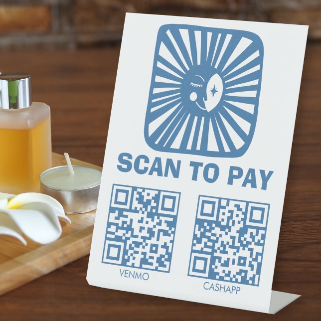 Signe De Table NUMÉROTER POUR PAYER QR Lune Lumineuse Bleue Migno (SCAN TO PAY QR Glowing Moon Cute Charming Blue Pedestal Sign
)