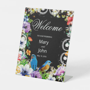 Signe De Table Oiseaux bleus colorés et mariage floral botanique