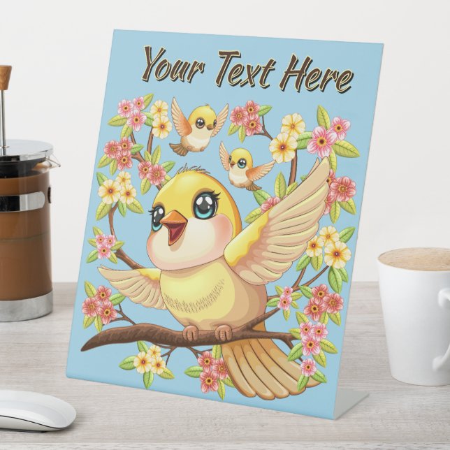 Signe De Table Oiseaux mignons et heureux parmi les fleurs du pri (In SItu)