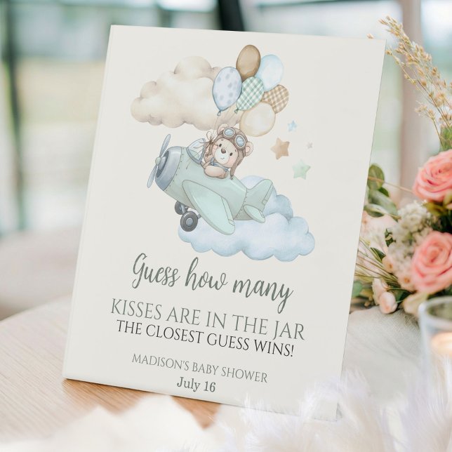 Signe De Table On a Hâte de Décoller Avion Compte les Bisous (We Can Bearly Wait Guess How Many Kisses Pedestal Sign)