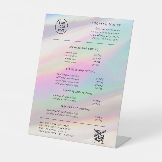 Signe De Table Opale iridescente holographique | Tarification  (Recto)