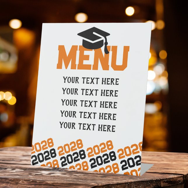 Signe De Table Orange & Black Graduation Menu Party (Orange, White and Black Graduation Cap Class Year Menu Pedestal Table Sign)