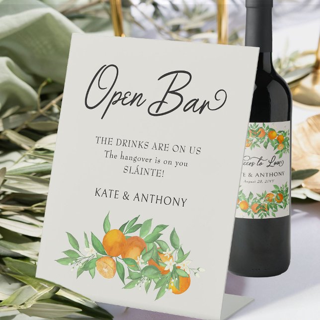 Signe De Table Orange Blossom Citrus Mariage Open Bar (Open Bar Sign from the Orange Blossom Wedding Collection by Darling & May)