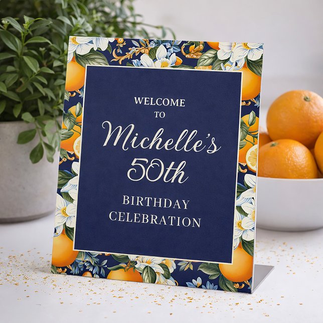 Signe De Table Oranges Fleurs Blanches Bleu Marine Anniversaire B (Oranges on navy blue birthday party welcome sign)