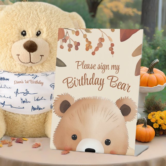 Signe De Table Ours de bois adorable Premier anniversaire Bébé d' (Fall baby's 1st birthday woodland party sign for gift table guestbook signing, cute Autumn animal)