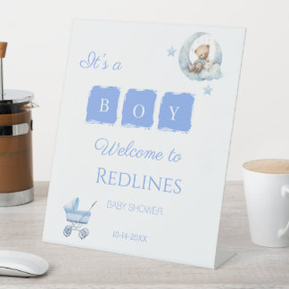 Signe De Table Ours en peluche bleu C'est un garçon Baby Shower
