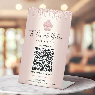 Signe De Table Paiement Code QR Ici Cupcake Rose Gold Pailleté Bo