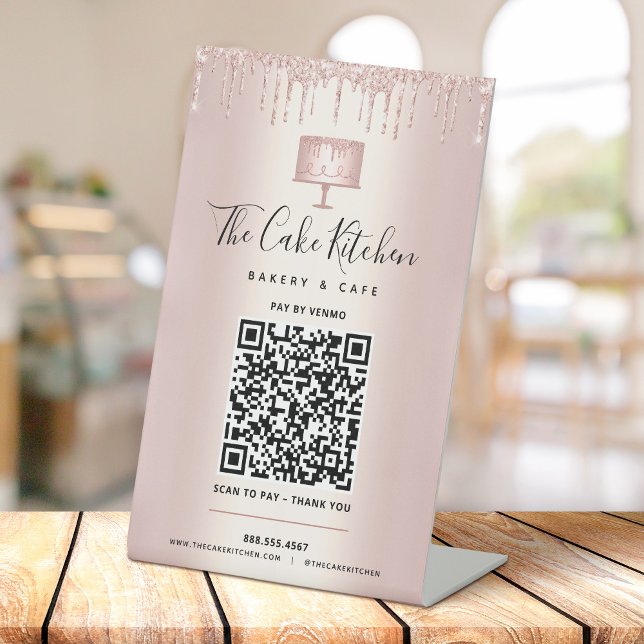 Signe De Table Paiement Code QR Ici Gâteau Paillettes Rose Gold B (Créateur téléchargé)