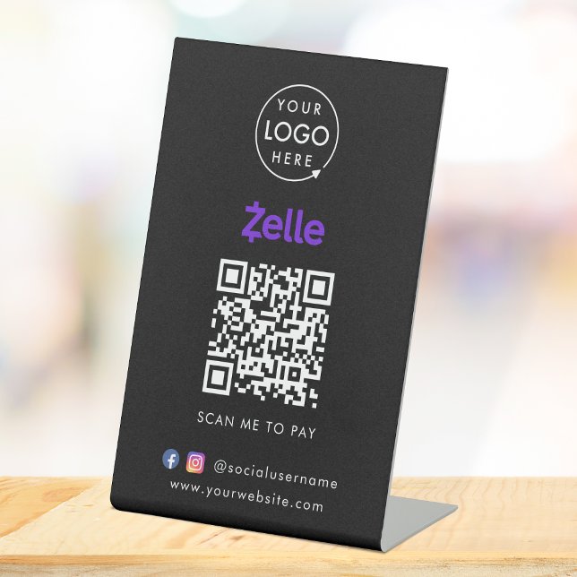 Signe De Table Paiement de code QR Zelle | Analyse noire pour pay (Interactive "scan to pay” QR code cash wrap table signage for collecting digital payment by Zelle.)