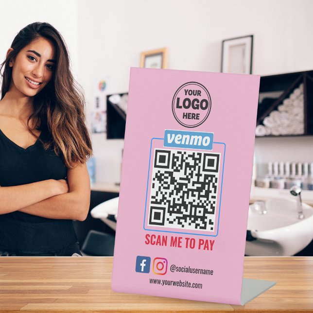 Signe De Table Paiement du code QR Venmo | Analyse de la masse po (Venmo QR Code Payment | Wight Scan to Pay Business Pedestal Sign)