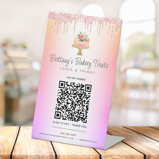 Signe De Table Paiement ici Code QR Rose Fard à Joues Gâteau Ombr (Créateur téléchargé)