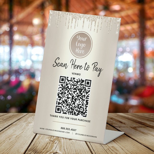 Signe De Table Paiement par Code QR Ici Logo Personnalisé Gouttes (Créateur téléchargé)