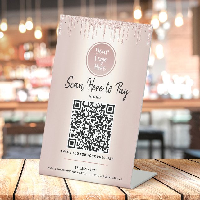 Signe De Table Paiement par Code QR Ici Paillettes Rose Doré Logo (Créateur téléchargé)