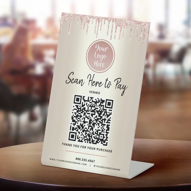 Signe De Table Paiement par Code QR Ici Paillettes Roses Logo Per (Créateur téléchargé)