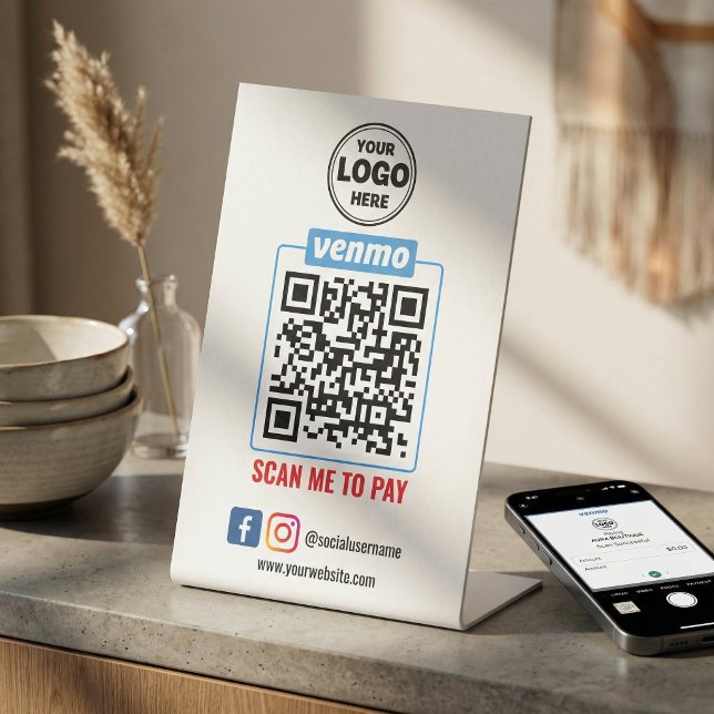 Signe De Table Paiement par code QR Venmo | Scannez pour payer l' (Venmo QR Code Payment | Wight Scan to Pay Business Pedestal Sign)