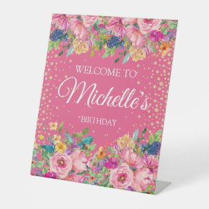 Signe De Table Pailleté Floral Jaune Rose Bienvenue Anniversaire