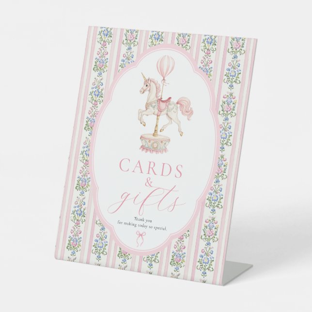 Signe De Table Pancarte Carousel Rose Cartes et Cadeaux (Recto)
