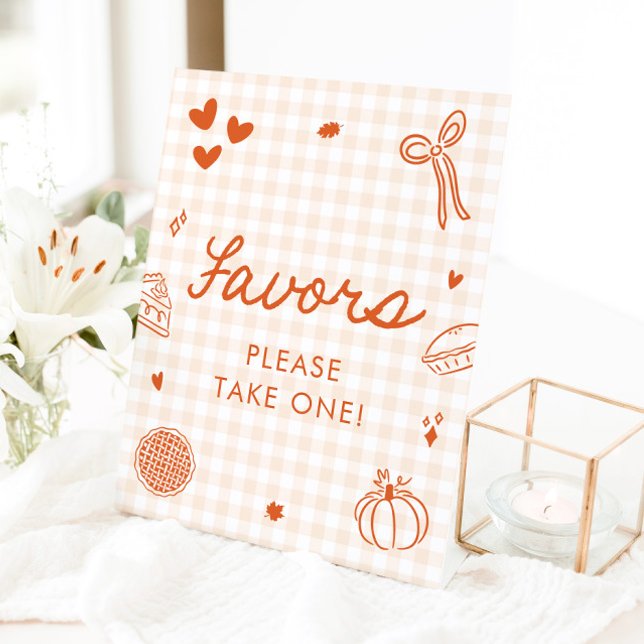 Signe De Table Pancarte de cadeaux Citrouille Gingham Automne Ché (Fall Orange Gingham Cutie Pie Favors Sign)