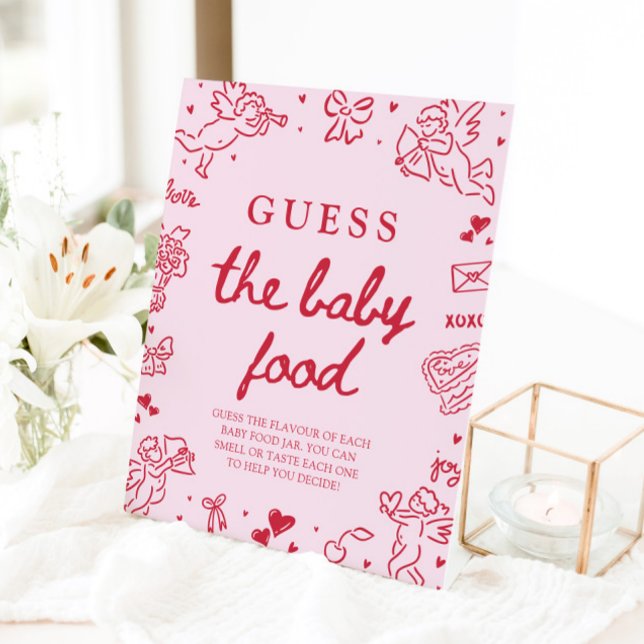 Signe De Table Pancarte de devinette de nourriture pour bébé à la (Hand Drawn Valentine Guess The Baby Food Sign)