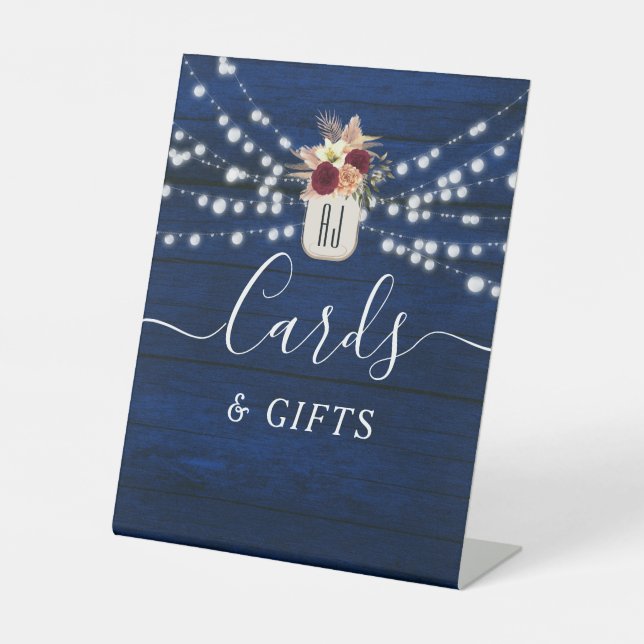 Signe De Table Pancarte de mariage Cartes & Cadeaux Navy Rustique (Recto)