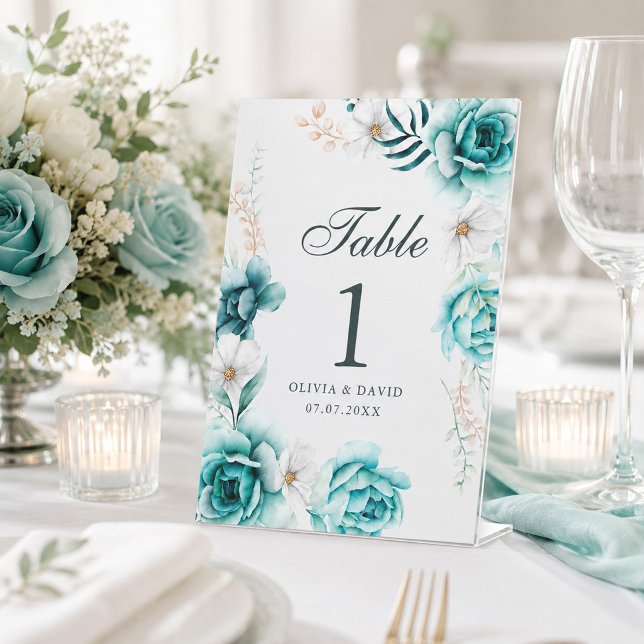 Signe De Table Pancarte de numéro de table de mariage florale sar (Teal Floral Wedding Table Number Pedestal Sign)