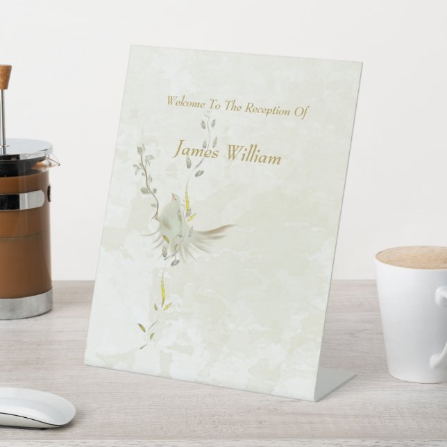 Signe De Table Pancarte de socle colombe et feuilles dorées  (In SItu)