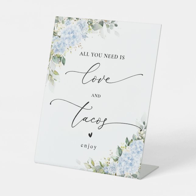 Signe De Table Pancarte Fleurs d'Hydrange Bleu Amour et Tacos (Recto)