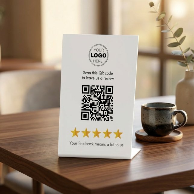 Signe De Table Pancarte minimale de piédestal de code QR de révis (Boost Business Reviews: Minimalist QR Code Pedestal Sign for Counters)