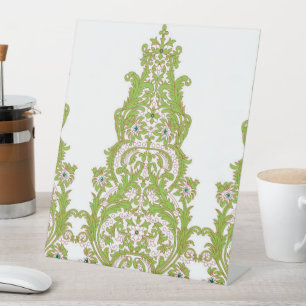 Signe De Table papier peint vert et blanc aux motifs ornés