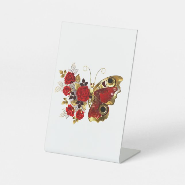 Signe De Table Papillon de fleurs rouges aux roses rouges (Recto)