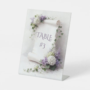 Signe De Table Parchemin de mariage blanc avec lilas et hydrangea