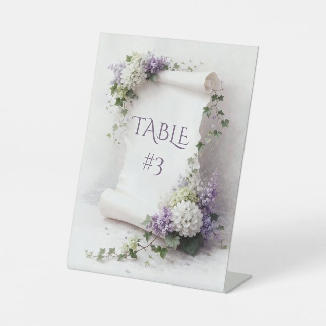 Signe De Table Parchemin de mariage blanc avec lilas et hydrangea (Recto)