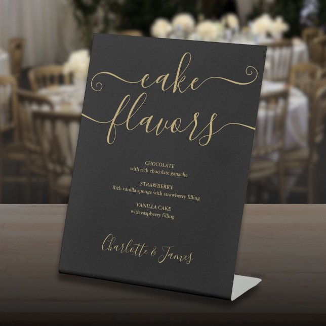 Signe De Table Parfums de gâteau de signature de script noir et o (Black And Gold Signature Script Cake Flavors Pedestal Sign)