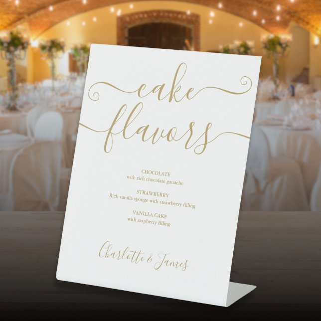 Signe De Table Parfums de gâteau de signature élégante en or (Elegant Gold Signature Script Cake Flavors Pedestal Sign)