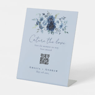 Signe De Table Partage de photos par code QR mariage floral bleu