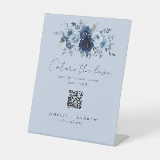 Signe De Table Partage de photos par code QR mariage floral bleu