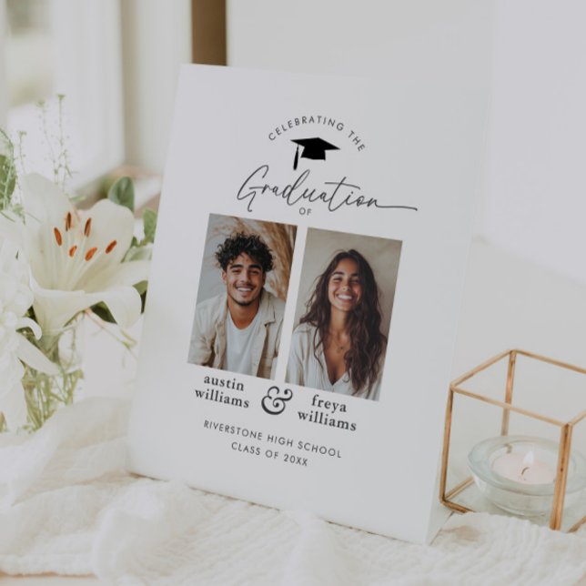 Signe De Table Partie de graduation conjointe 2 Photo Bienvenue (Zazzle Joint Graduation Party 2 Photo Welcome Pedestal Sign)