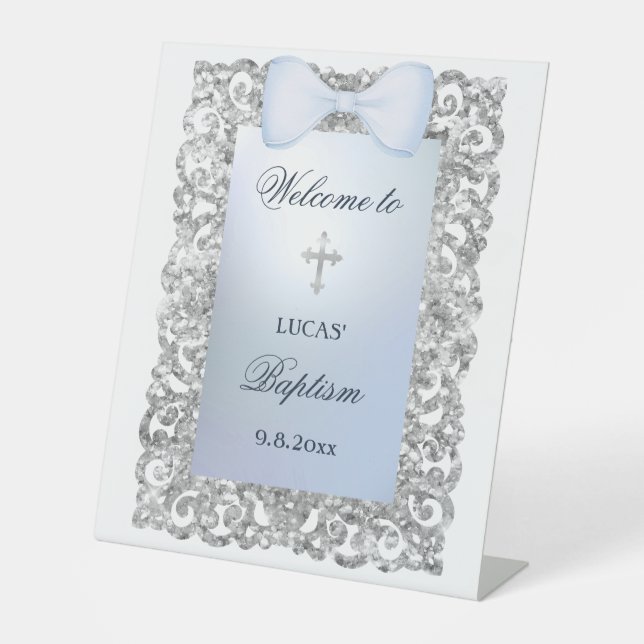 Signe De Table Parties scintillant Argent Cadre Bleu Bow Baptême  (Recto)