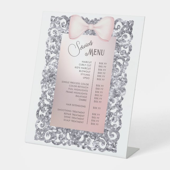 Signe De Table Parties scintillant Argent - Menu Services Bow ros (Recto)