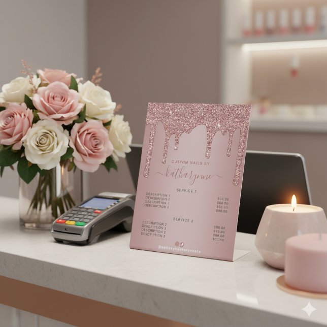 Signe De Table Parties scintillant rose Gold Driving Salon Spa Ta (Rose Gold Dripping Glitter Salon Spa Price List Pedestal Sign)