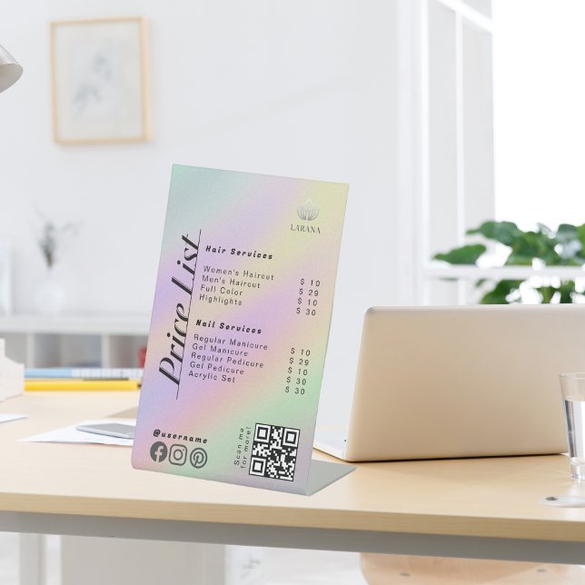 Signe De Table Pastel Holographic Esthetician Prix Menu (Pastel Holographic Esthetician Price List Menu Pedestal Sign)